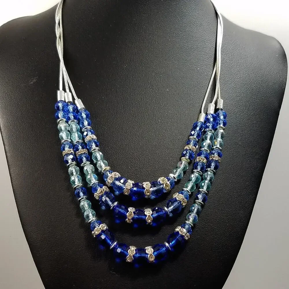 Nine West Blue Beads 3 Strand Snake Chain Necklace, 18 Inches